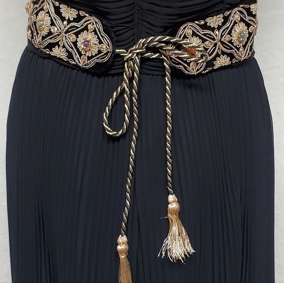 Vintage 80s Silk Gold Silver Metal Filigree Embroidered Tassle Tie-Waist Belt main image 11